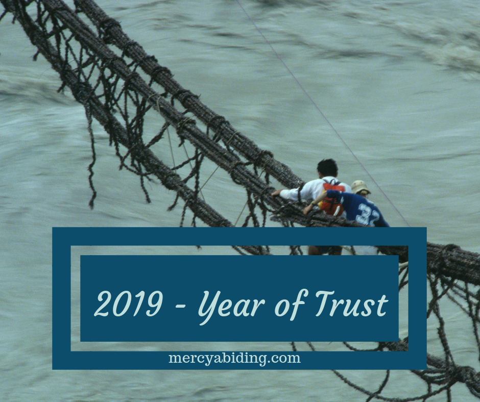 crossing river on rope bridge - 2019 year of trust