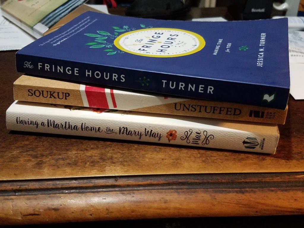 Picture of three books. Fringe Hours, Unstuffed, and Having a Martha Home the Mary Way.