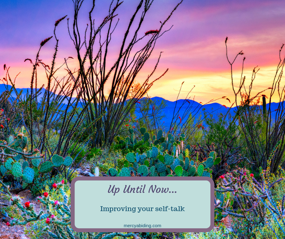 image of desert plants and mountain sunset, wording says up until now, improving your self-talk